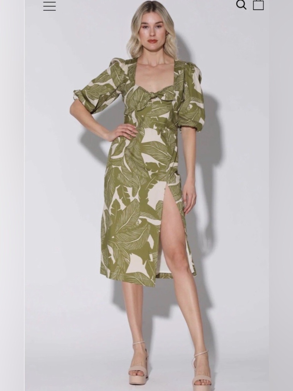 Walter Baker Green Tropical Print Puff-Sleeve Midi Dress